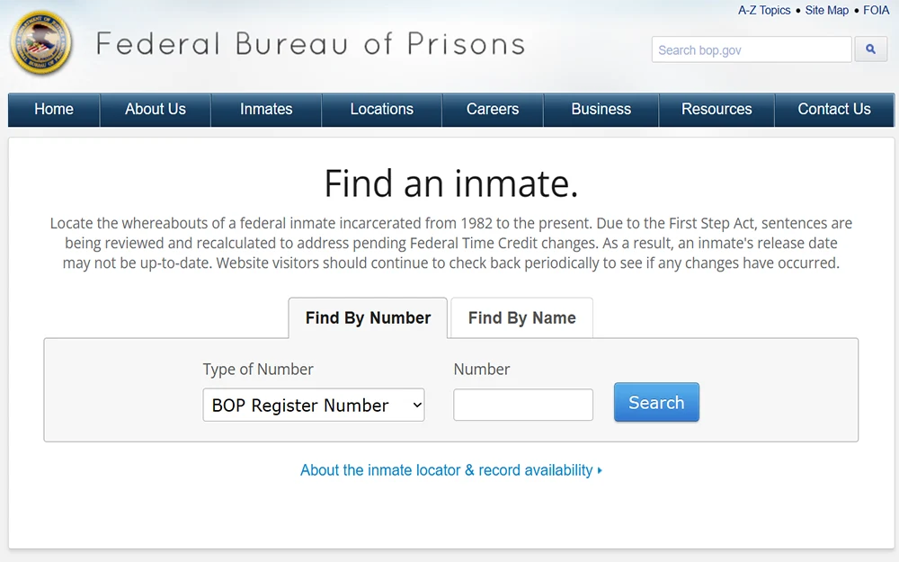A screenshot from the Federal Bureau of Prisons website displays the "Find an Inmate" page, showcasing the search criteria for the "Find by Number" lookup option, including a dropdown for the type of number and a search bar for entering the register number.