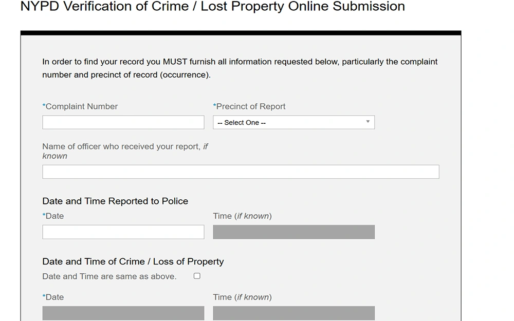 A screenshot from the NYC website displays the City Pay verification of crime online submission, featuring fields for information such as complaint number, precinct of report, receiving officer name, and date and time reported.