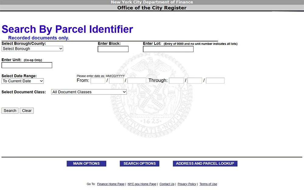 A screenshot from the NYC Department of Finance website displays the document search page, showcasing the "Search by Parcel Identifier" tool with search criteria for information such as borough/county, block, lot, unit, date range, and document class.