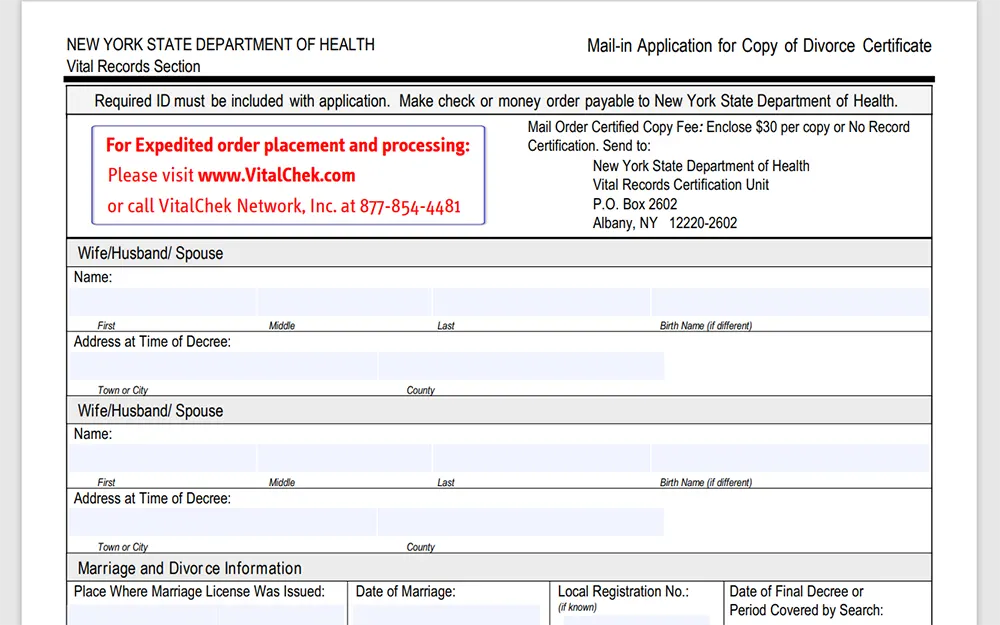 A screenshot from the Vital Records Section of the New York State Department of Health page displays the mail-in application for a copy of a divorce certificate, featuring empty fields for information such as spouse details and marriage/divorce information.