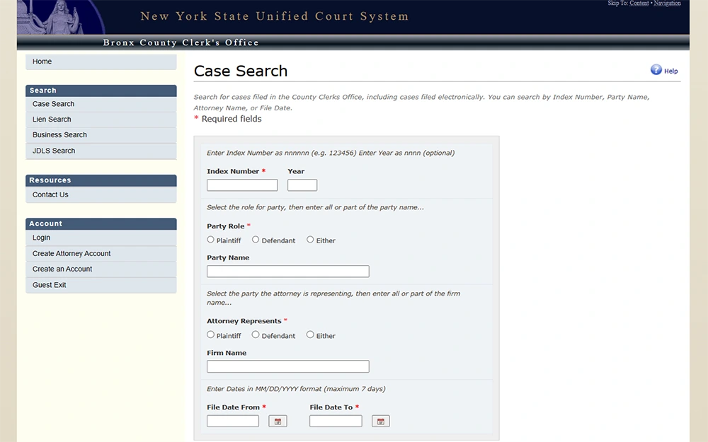 A screenshot from the New York State Unified Court System website shows the case search page, which features fields for information such as index number, party role, attorney, and file dates.