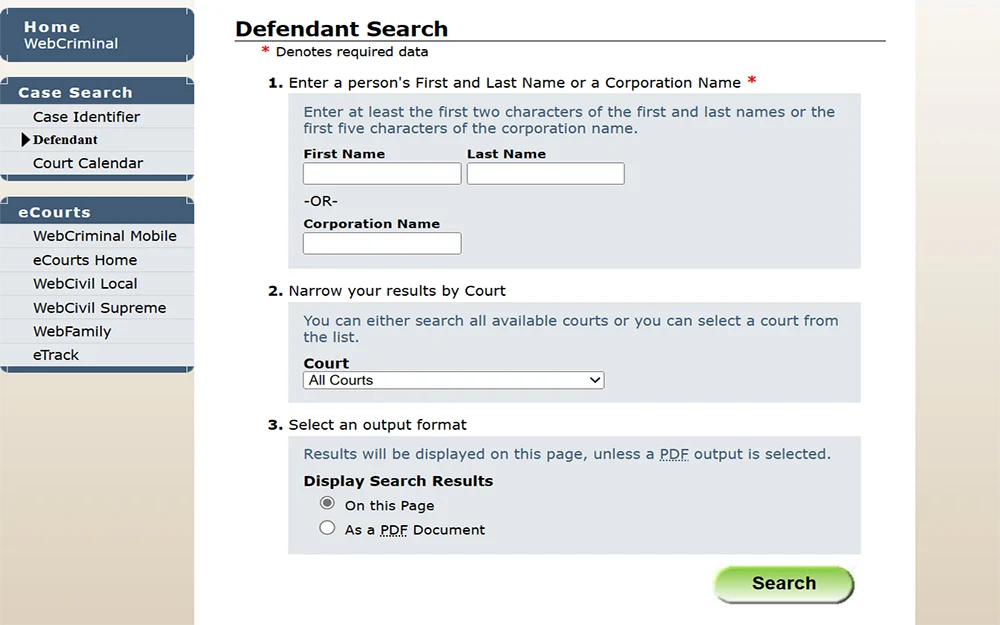 A screenshot from the New York State Unified Court System website displays the defendant search page, showcasing the search criteria for data such as full name, court type, and output format.