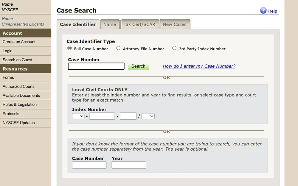A screenshot from the New York State Unified Court System website displays the case search page on the "Case Identifier" tab, featuring search criteria for information such as case type, case number, and index number for local civil courts.