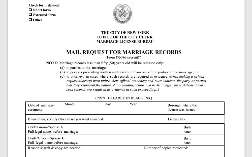 A screenshot of a mail-in request for marriage records from the Office of the New City Clerk displays empty fields for information, such as the date of marriage, full legal name, and reason for the copy.