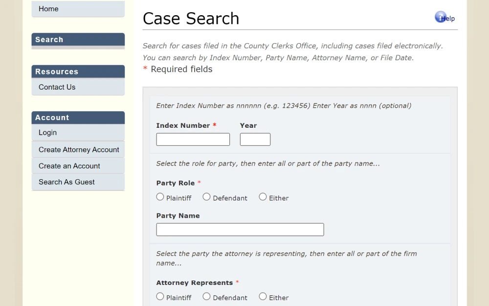 A screenshot displaying a case search requiring fields such as index number, party role, and attorney representative and additional search filters such as index year and party name.