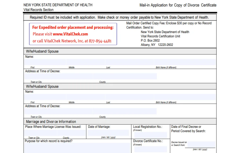 A screenshot displaying a mail-in application for a copy of the dissolution certificate with fields to be filled out such as wife, husband or spouse first, middle and last name, address at the time of decree, marriage and divorce information.