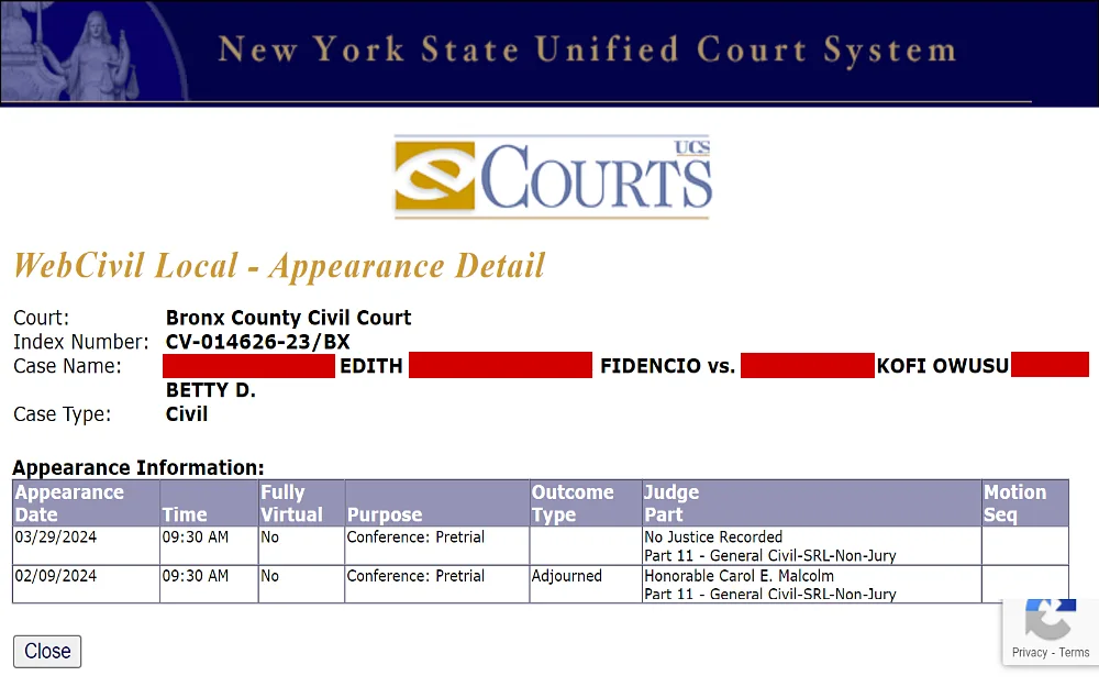 A screenshot showing a WebCivil appearance detail displaying information such as the court name, index number, case name with the attorney representative, case type, and appearance information.
