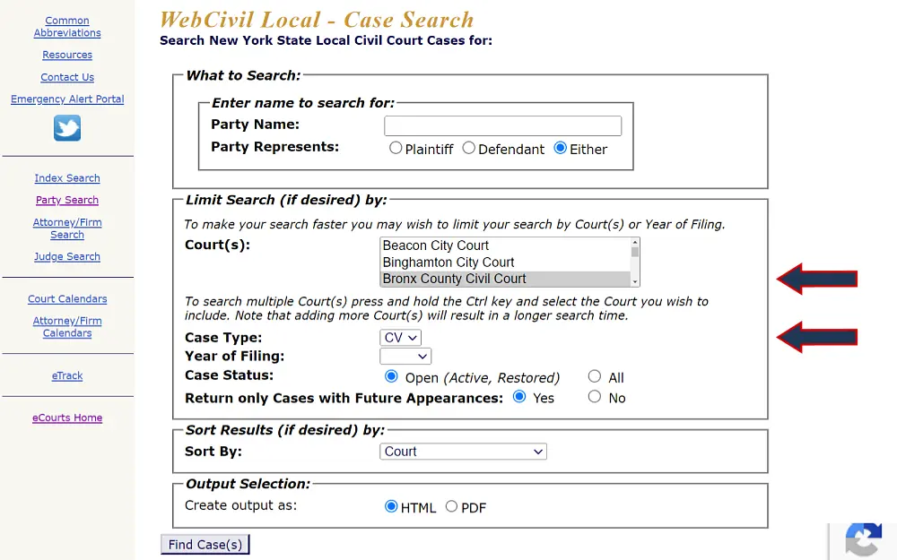A screenshot displaying a WebCivil local case search with filters such as party name and representative selection, court name, case type, year filed, case status, a drop-down box to choose for sort results, and an output selection.